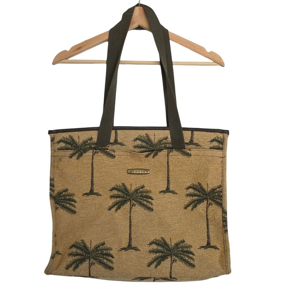 Ricardo Beverly Hills Large Zipper Top Jute Palm Tree Print Tote Bag - FLAW